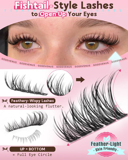 Goddvenus Brown Wispy Eye Lash Clusters Kit Natural Cluster Eyelash Extensions Kit False Eyelash Clusters Fluffy DIY Individual Lash Extensions Kit C Curl