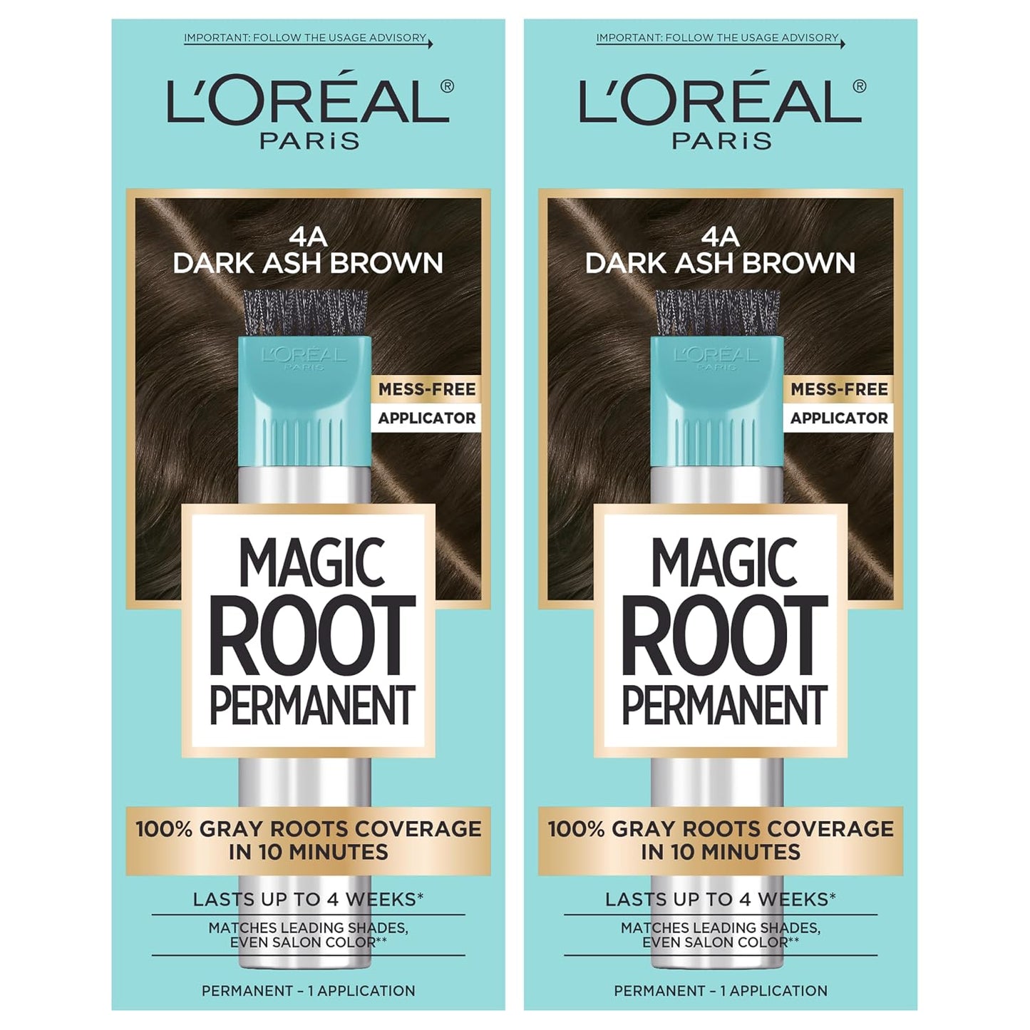 L'Oreal Paris Magic Root Permanent Hair Color Kit, 100% Gray Hair Coverage In Just 10 Minutes, Precision Brush Applicator for Seamless Application, 4 Dark Brown (2 Count)