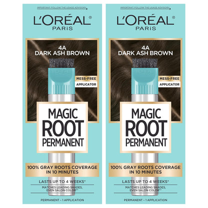 L'Oreal Paris Magic Root Permanent Hair Color Kit, 100% Gray Hair Coverage In Just 10 Minutes, Precision Brush Applicator for Seamless Application, 4 Dark Brown (2 Count)