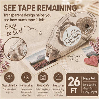 MARCADORUS Glue Tape for Scrapbooking, Double Sided Tape Roller 106Ft Total