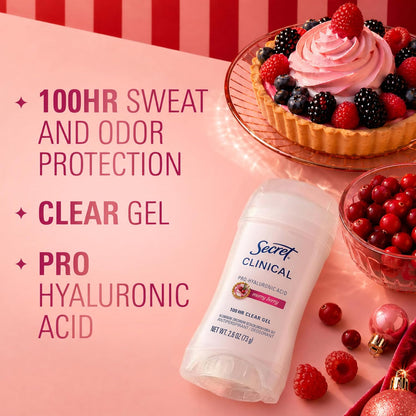 Secret Clinical Strength 100HR Sweat & Odor, Clear Gel Antiperspirant Deodorant for Women, 3X Stress Protection with Hyaluronic Acid, PH Balancing Minerals, Clear Lavender Scent, 2.6 oz