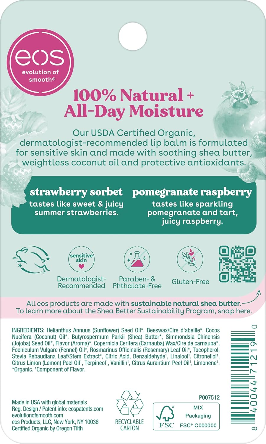 eos 100% Natural Lip Balm - Strawberry Sorbet and Pomegranate Raspberry, All-Day Moisture, Lip Care Products, 0.14 oz, 2-Pack