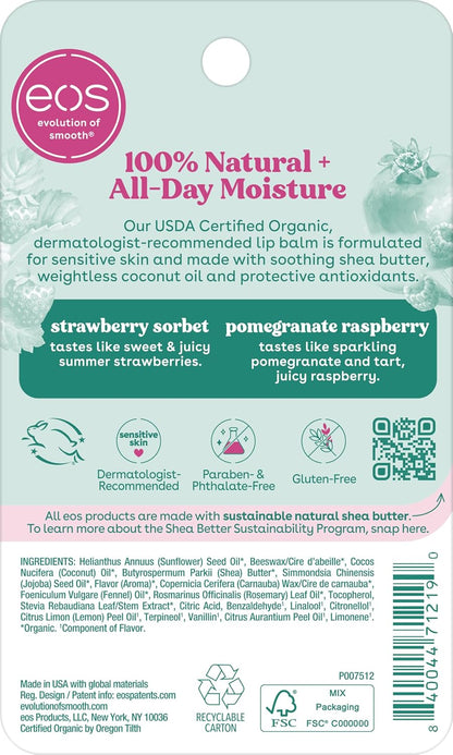 eos 100% Natural Lip Balm - Strawberry Sorbet and Pomegranate Raspberry, All-Day Moisture, Lip Care Products, 0.14 oz, 2-Pack