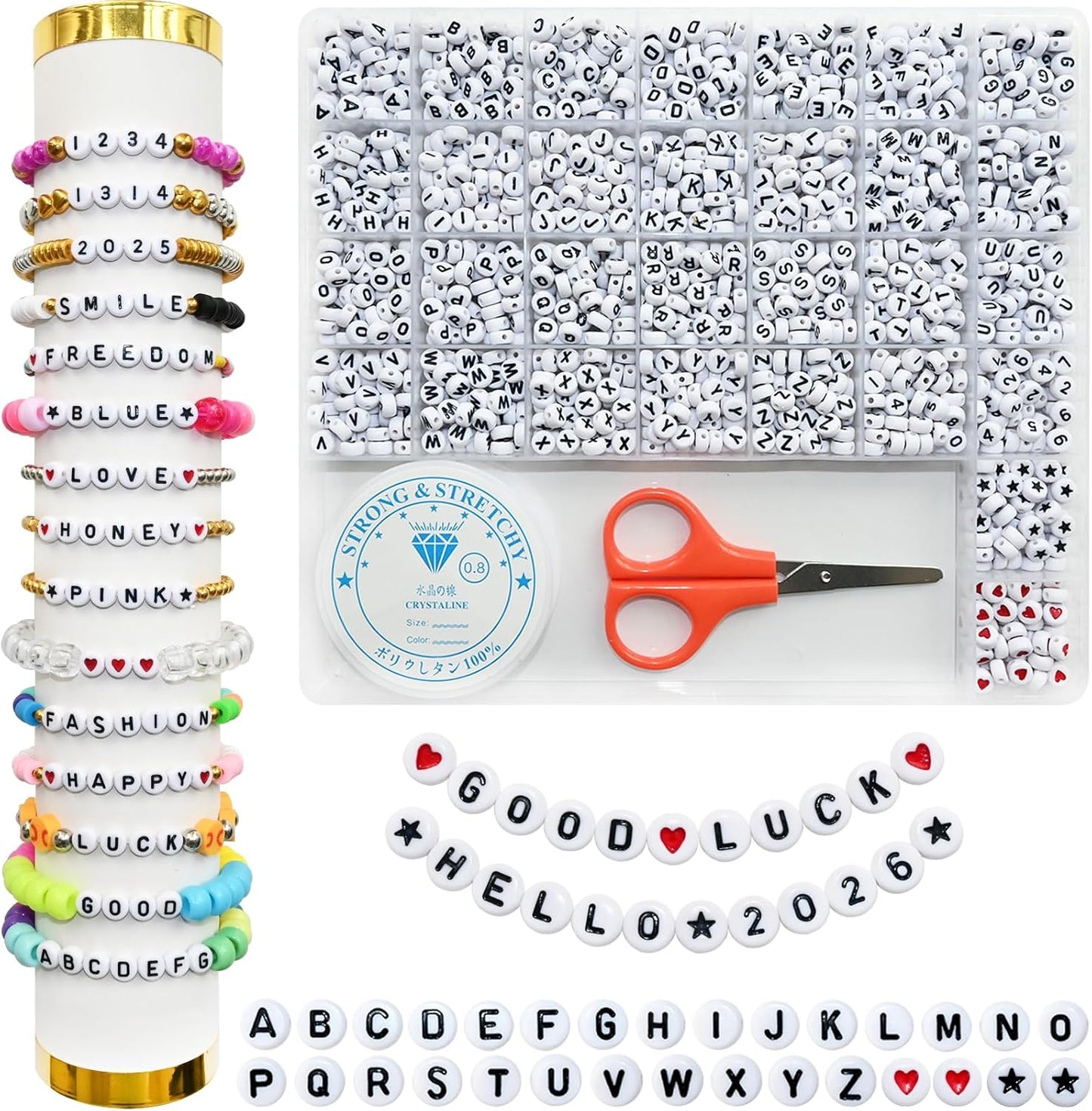 Looconi 810pcs Gold Letter Beads Square 6x6mm White Cube Acrylic Alphabet A-Z with Heart Pattern and Crystal Line for Jewelry Making