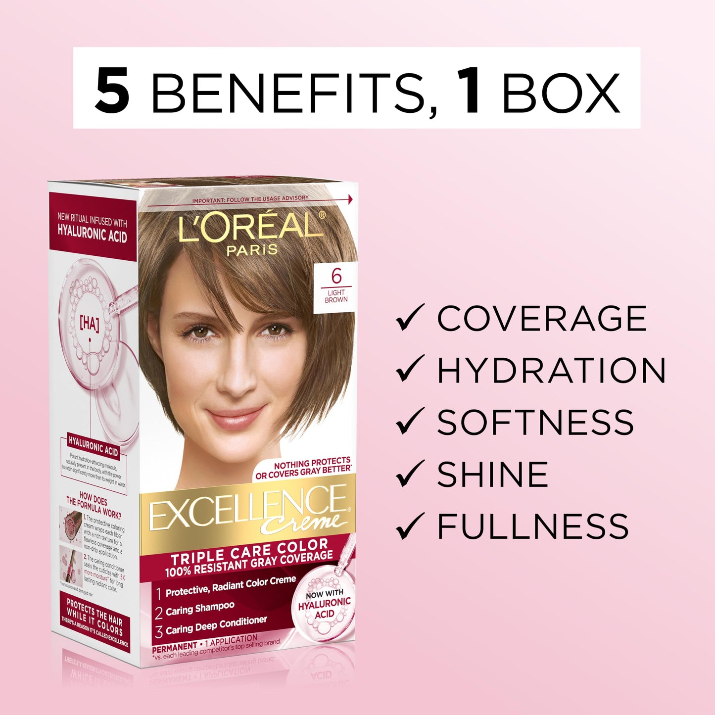L'Oreal Paris Excellence Crème Permanent Hair Dye, Triple Care Hair Color with Hyaluronic Acid for 100% Gray Coverage, 4 Dark Brown, 1 Kit (Packaging May Vary)