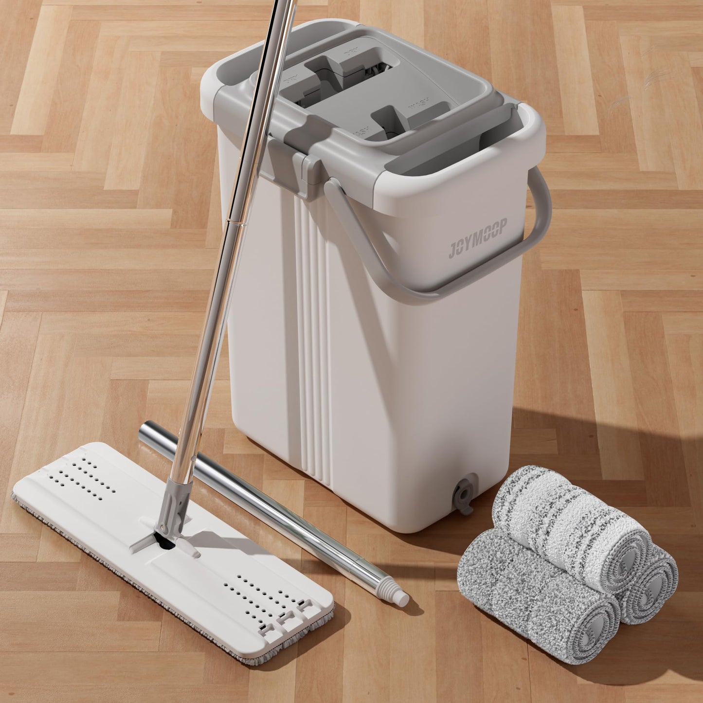 JOYMOOP Wall Mop and Bucket Set, Hands-Free Flat Floor Mop with 3 Washable Microfiber Pads, Wet and Dry Use, Ideal for Home and Commercial Floor Cleaning
