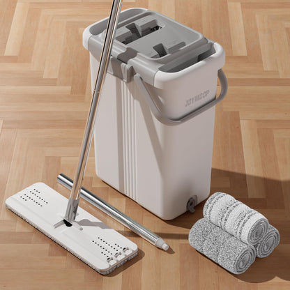 JOYMOOP Wall Mop and Bucket Set, Hands-Free Flat Floor Mop with 3 Washable Microfiber Pads, Wet and Dry Use, Ideal for Home and Commercial Floor Cleaning