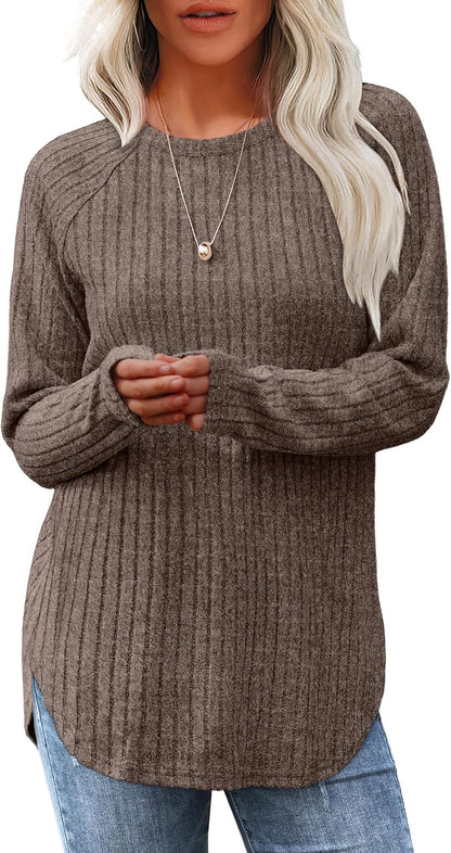 Saloogoe Long Sleeve Shirts for Women 2026 Fall Clothes Tunic Tops Loose Fit Dressy Crewneck Pullover Sweaters Curved Hem
