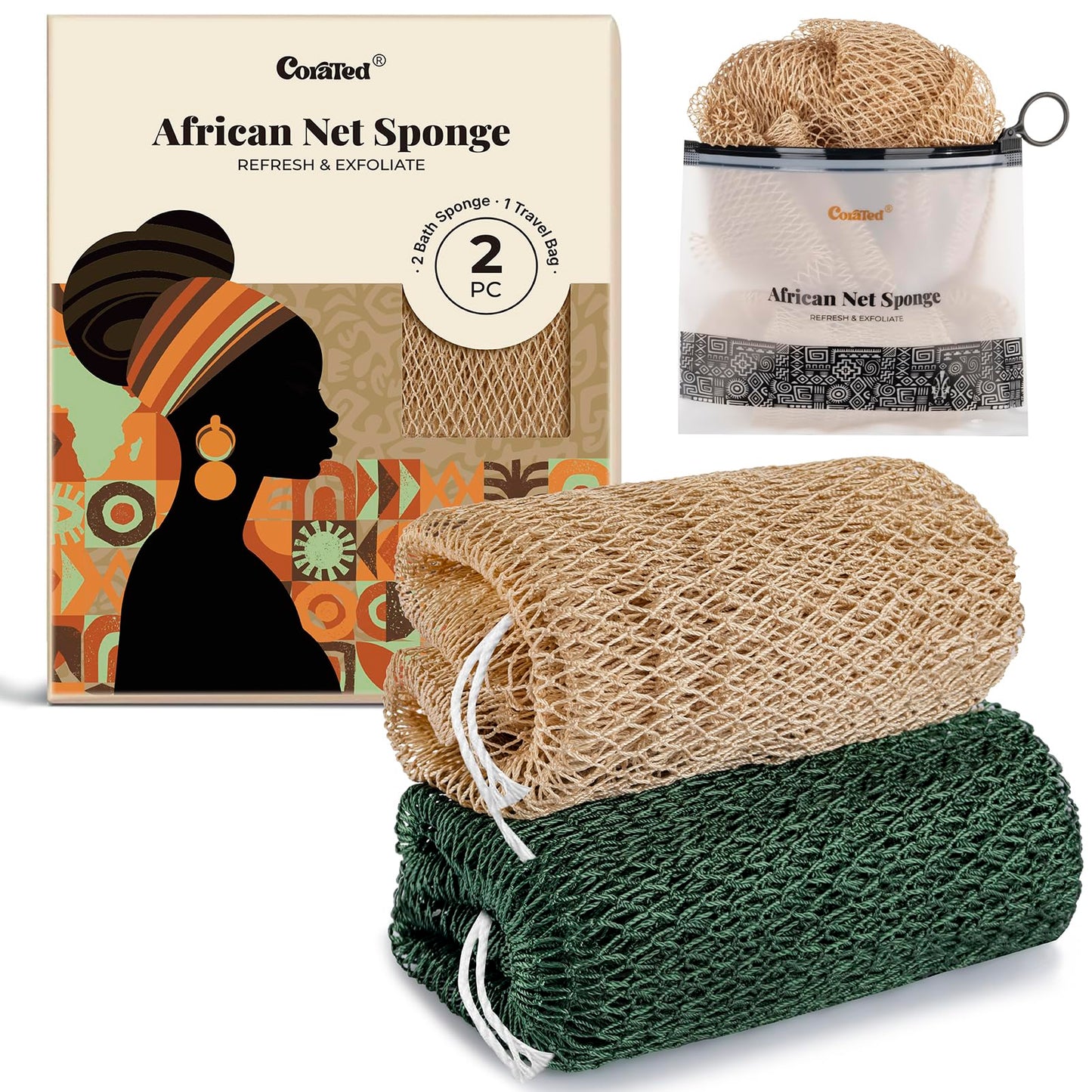 CORATED African Net Sponge with Knots Authentic, Shower Loofah Bath Sponge