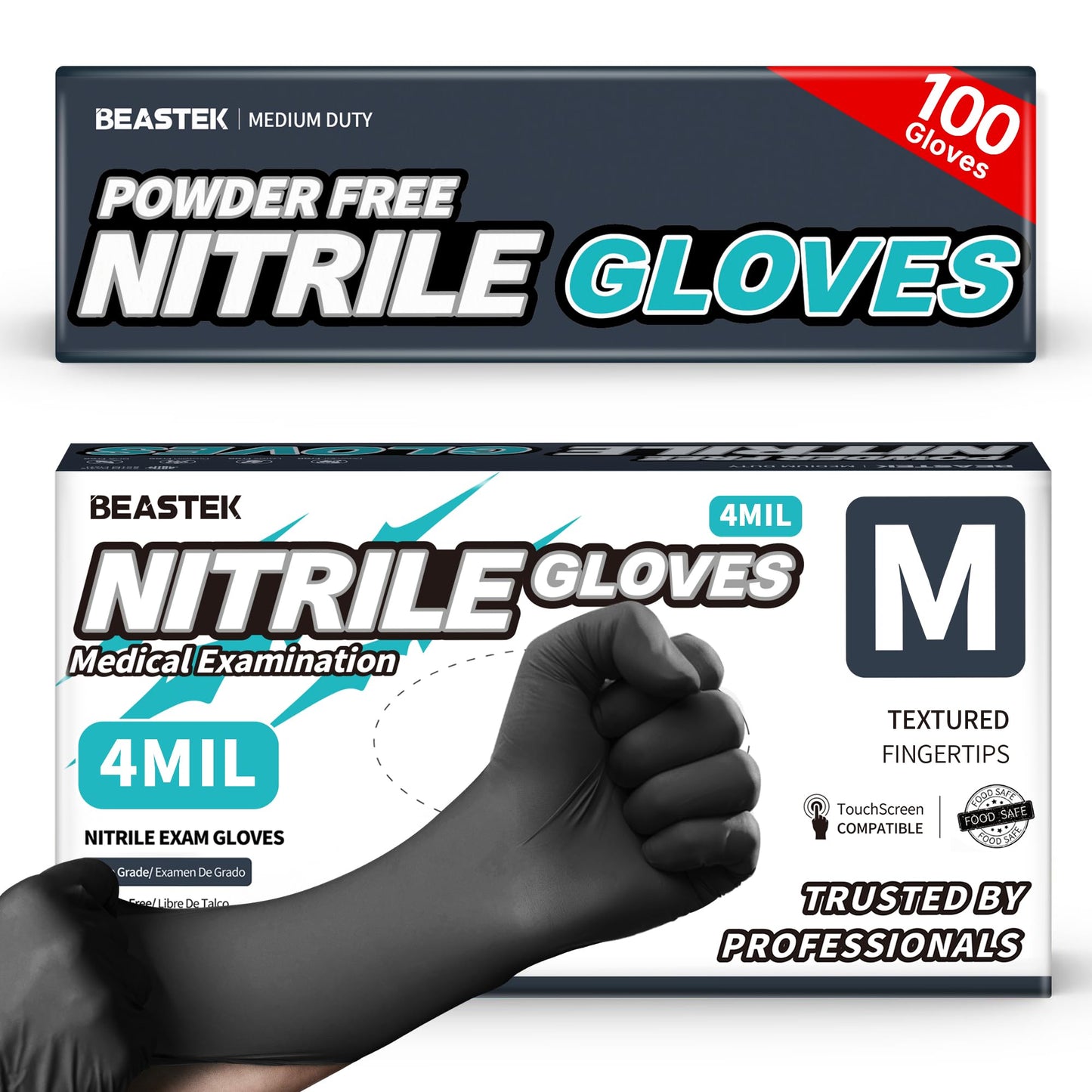 BEASTEK Black Nitrile Exam Gloves, 4 Mil, Powder-Free Food Prep Disposable