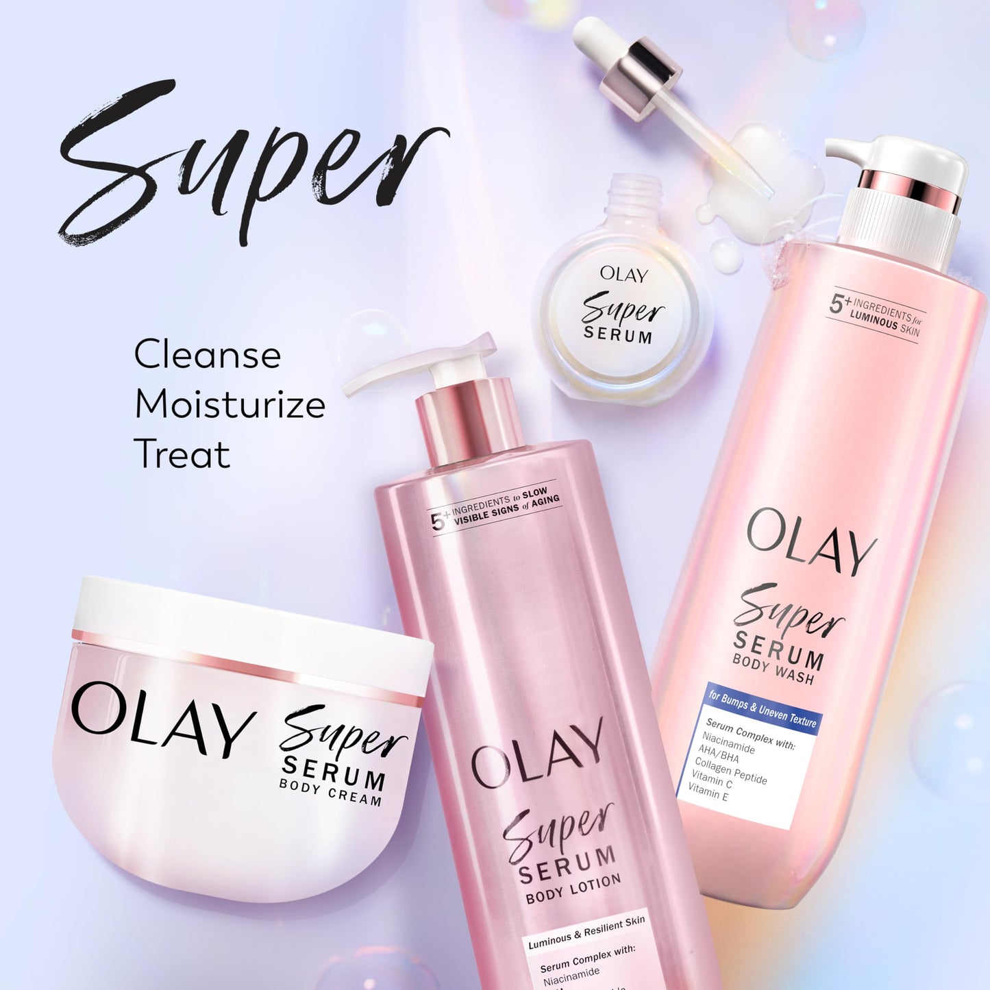 Olay Super Serum Body Wash for Extra Dry Skin, 24hr Long Lasting Rich Hydration, 5+ Ingredient Complex for Bright, Even, Firm, & Luminous Skin, with Collagen Peptide, Vitamin C & Shea Butter, 20 fl oz