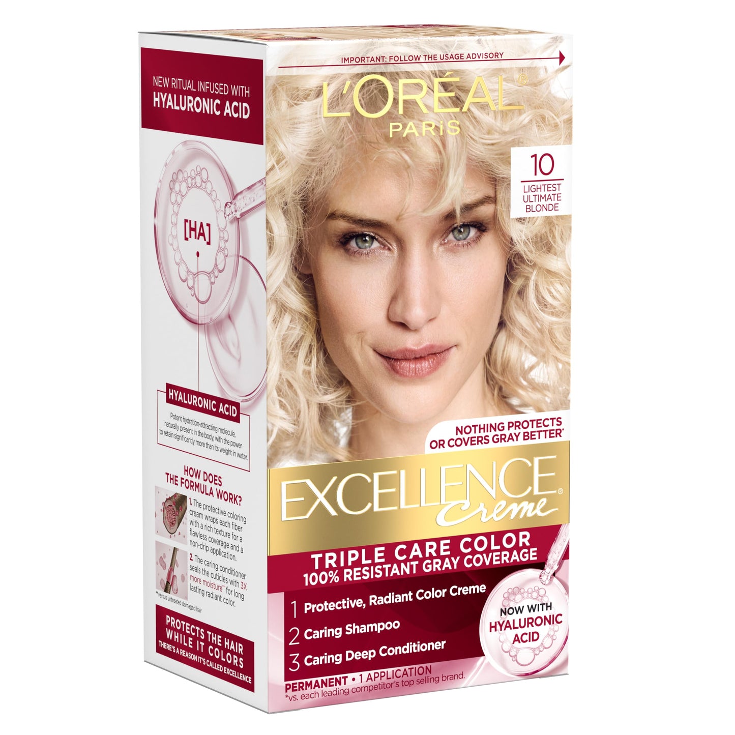 L'Oreal Paris Excellence Crème Permanent Hair Dye, Triple Care Hair Color with Hyaluronic Acid for 100% Gray Coverage, 4 Dark Brown, 1 Kit (Packaging May Vary)