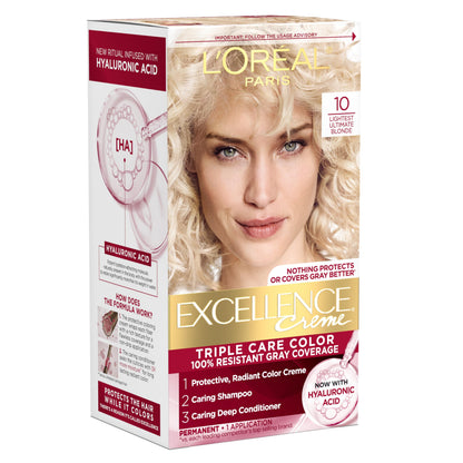 L'Oreal Paris Excellence Crème Permanent Hair Dye, Triple Care Hair Color with Hyaluronic Acid for 100% Gray Coverage, 4 Dark Brown, 1 Kit (Packaging May Vary)