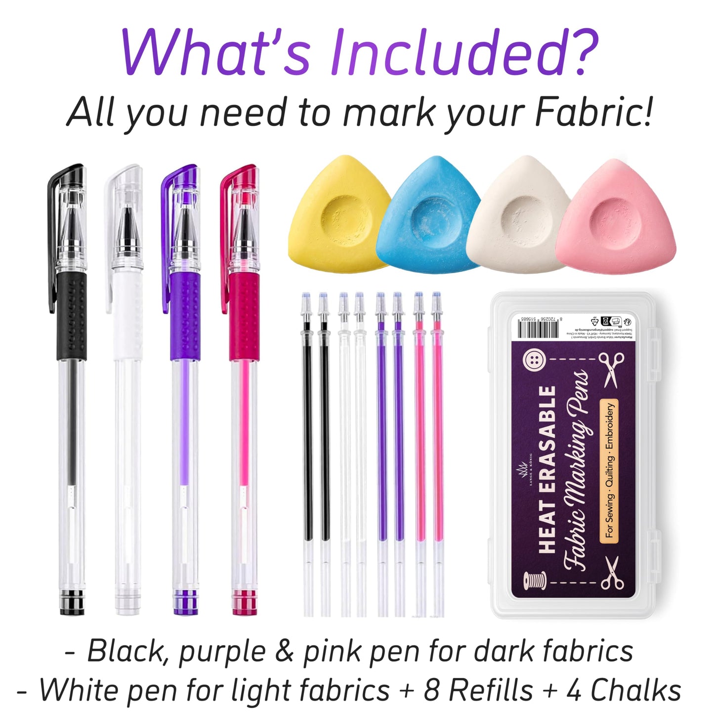 Lange & König 4x Heat Erasable Fabric Marking Pens for Sewing - 4 Pens + 8 Refills - Sewing Supplies Quilting Supplies Table Accessories Embroidery Pen Tailors Chalk Alternative