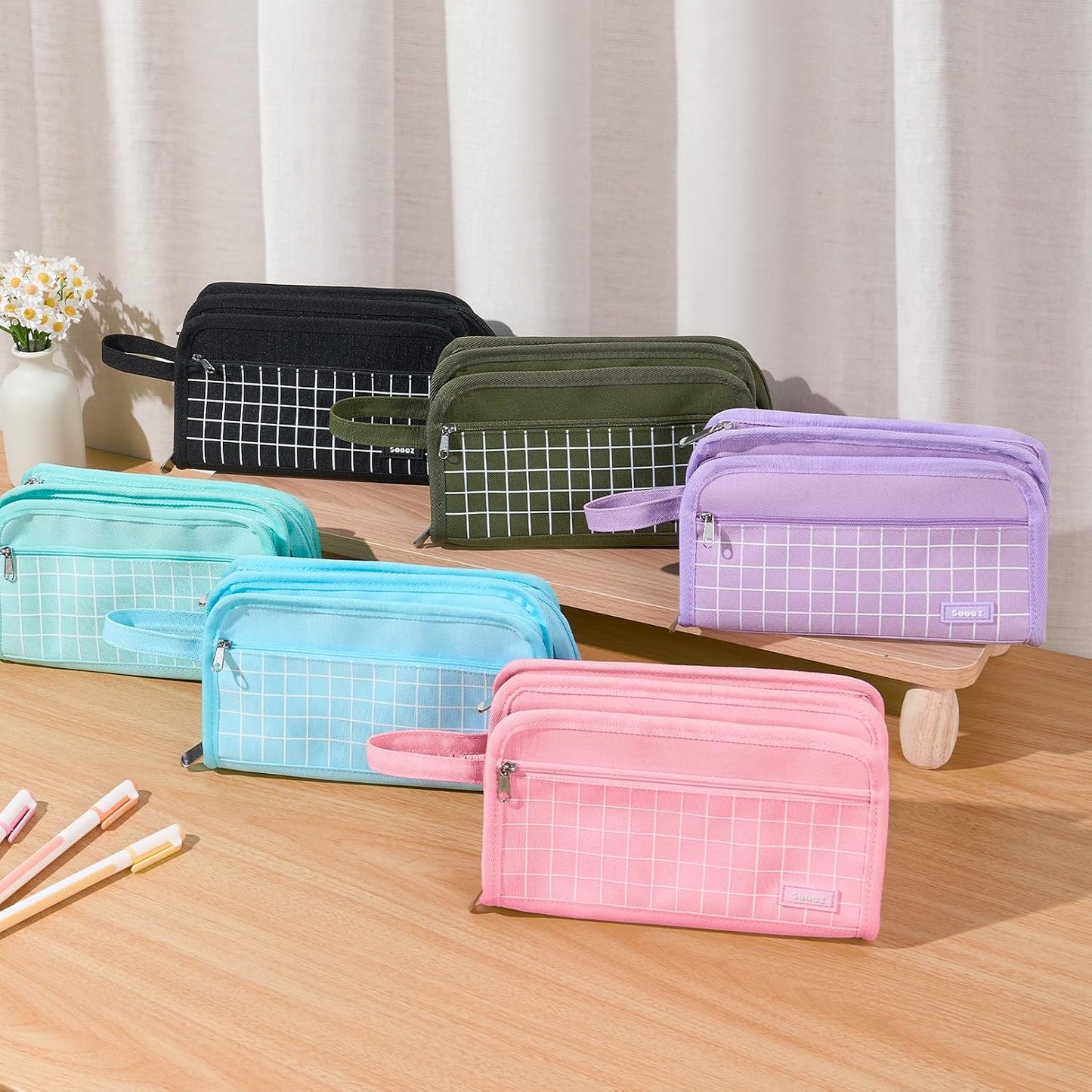 Sooez Large Pencil Case, Pencil Pouch, Pencil Bag, Pencil Box, Pink & Plaid