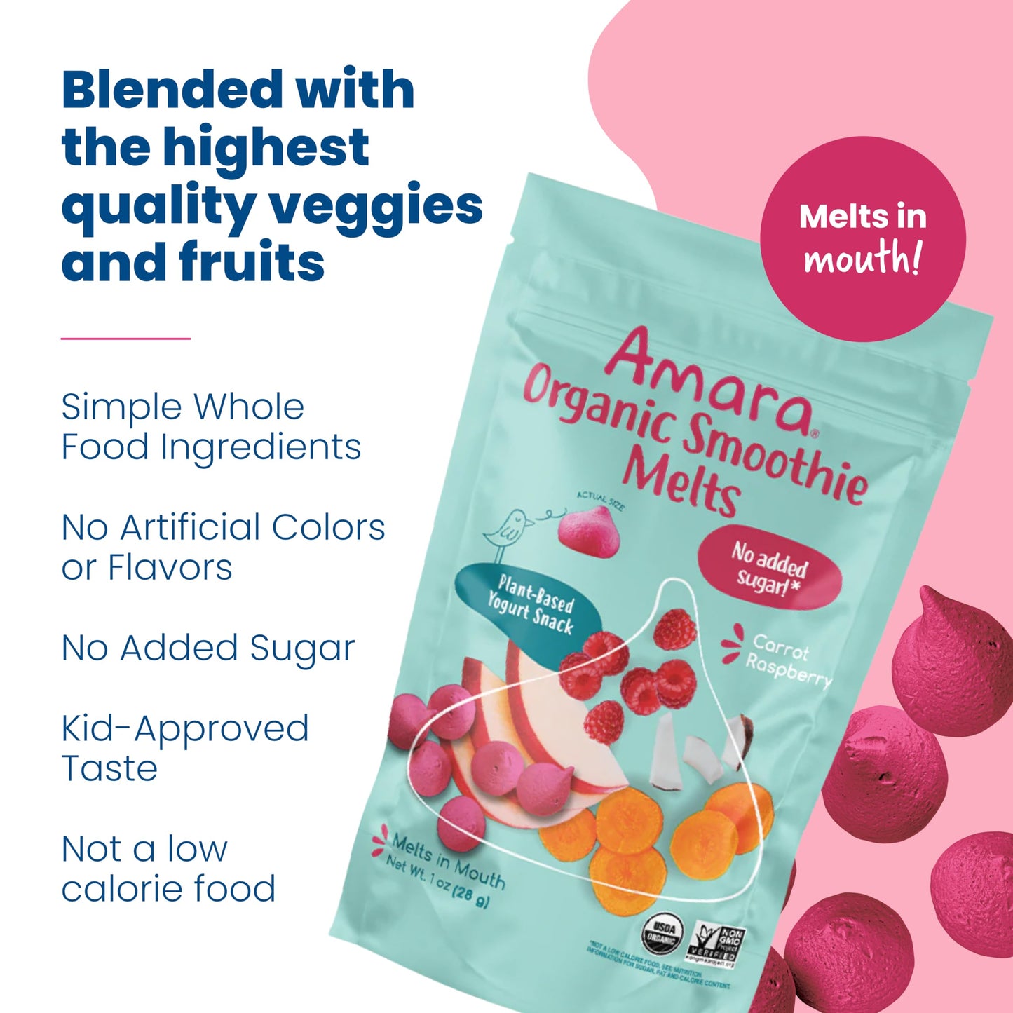 Amara Smoothie Melts - Mango Carrot - Organic Baby Snacks w/ Fruits & Veggies - Plant Based Yogurt Melts - Healthy Toddler Snack - Activity Book Included - Enjoy From 10+ Mos - 6 Resealable Bags
