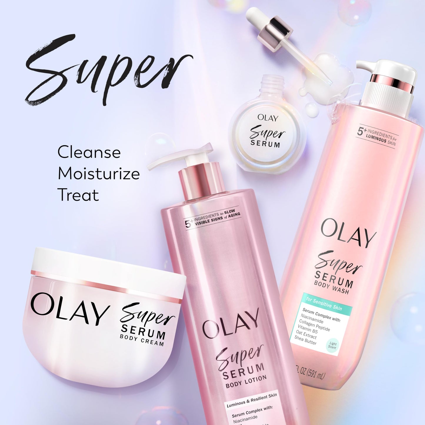 Olay Super Serum Body Wash for Extra Dry Skin, 24hr Long Lasting Rich Hydration, 5+ Ingredient Complex for Bright, Even, Firm, & Luminous Skin, with Collagen Peptide, Vitamin C & Shea Butter, 20 fl oz