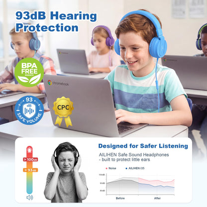 AILIHEN I35 Kids Headphones for School with Mic, 93dB Safe Volume, Orange