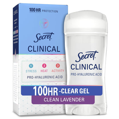 Secret Clinical Strength 100HR Sweat & Odor, Clear Gel Antiperspirant Deodorant for Women, 3X Stress Protection with Hyaluronic Acid, PH Balancing Minerals, Clear Lavender Scent, 2.6 oz
