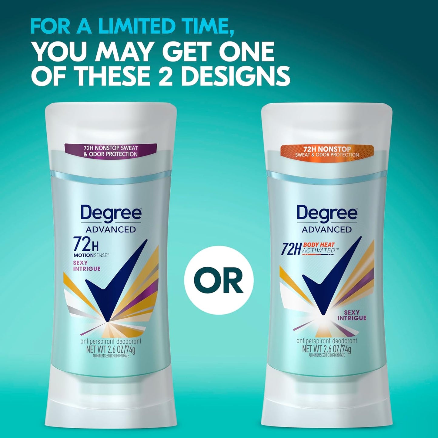Degree Antiperspirant Deodorant Sexy Intrigue 72-Hour Sweat & Odor Protection Antiperspirant Deodorant For Women with Body Heat Activated Technology 2.6 oz (Pack of 2)