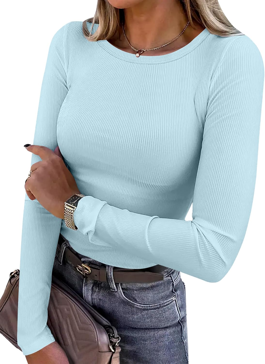 ANRABESS Women Long Sleeve Shirts Ribbed Fitted Tops