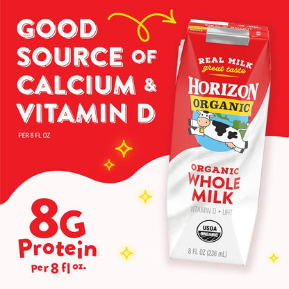Horizon Organic Shelf Stable Whole Milk Boxes, Pack of 18-8g Protein per Serving