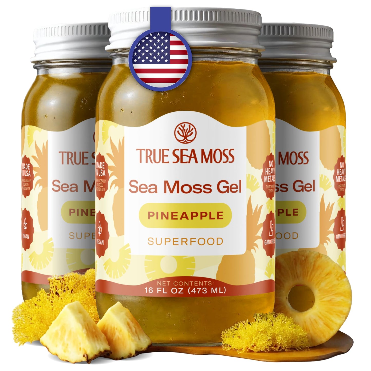 TrueSeaMoss Sea Moss Gel – Made in USA – Wildcrafted Seamoss, Fruits & Jarred Vegetables – Mango, Pack of 3 (Labels may Vary)