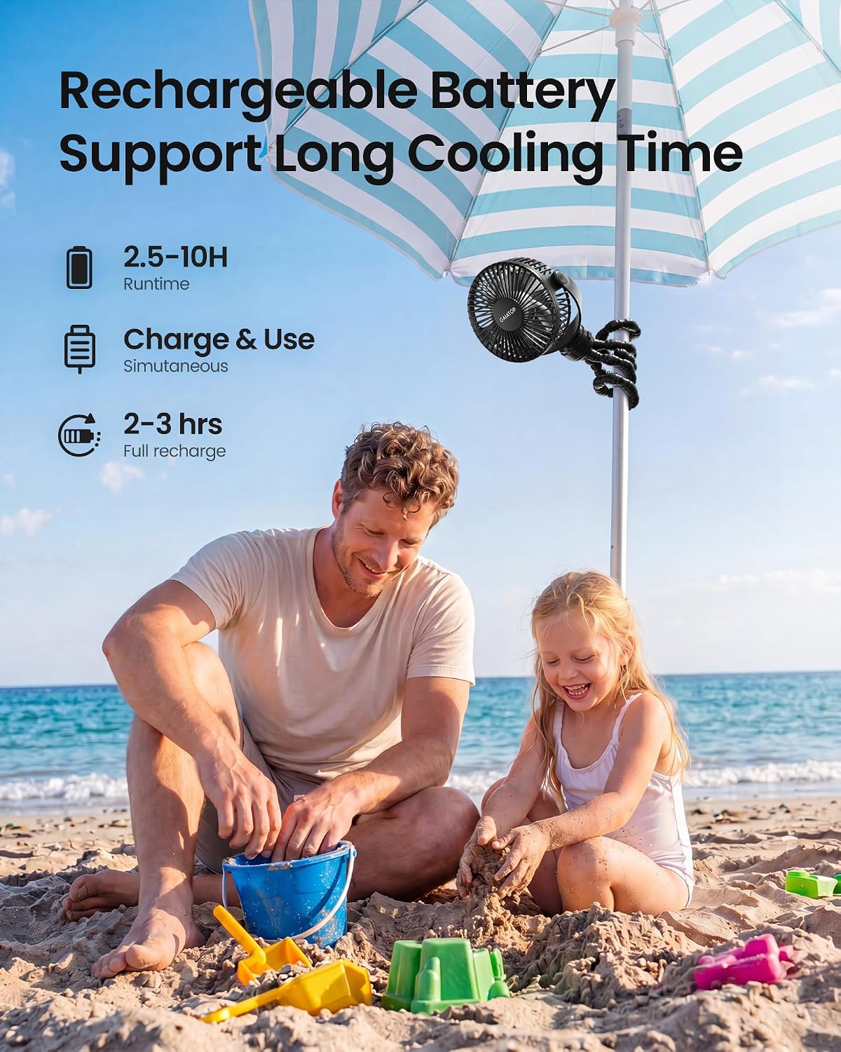 Gaiatop Mini Portable Stroller Fan, Small Clip on Fan 3 Speed Rechargeable