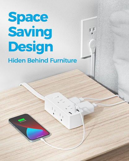 Olcorife Flat Plug Power Strip with 5 FT Extension Cord, 6 Outlets 3 USB Ports(1 USB C), 3 Sided Outlet Extender for Home Office Travel Dorm Room Essentials, White