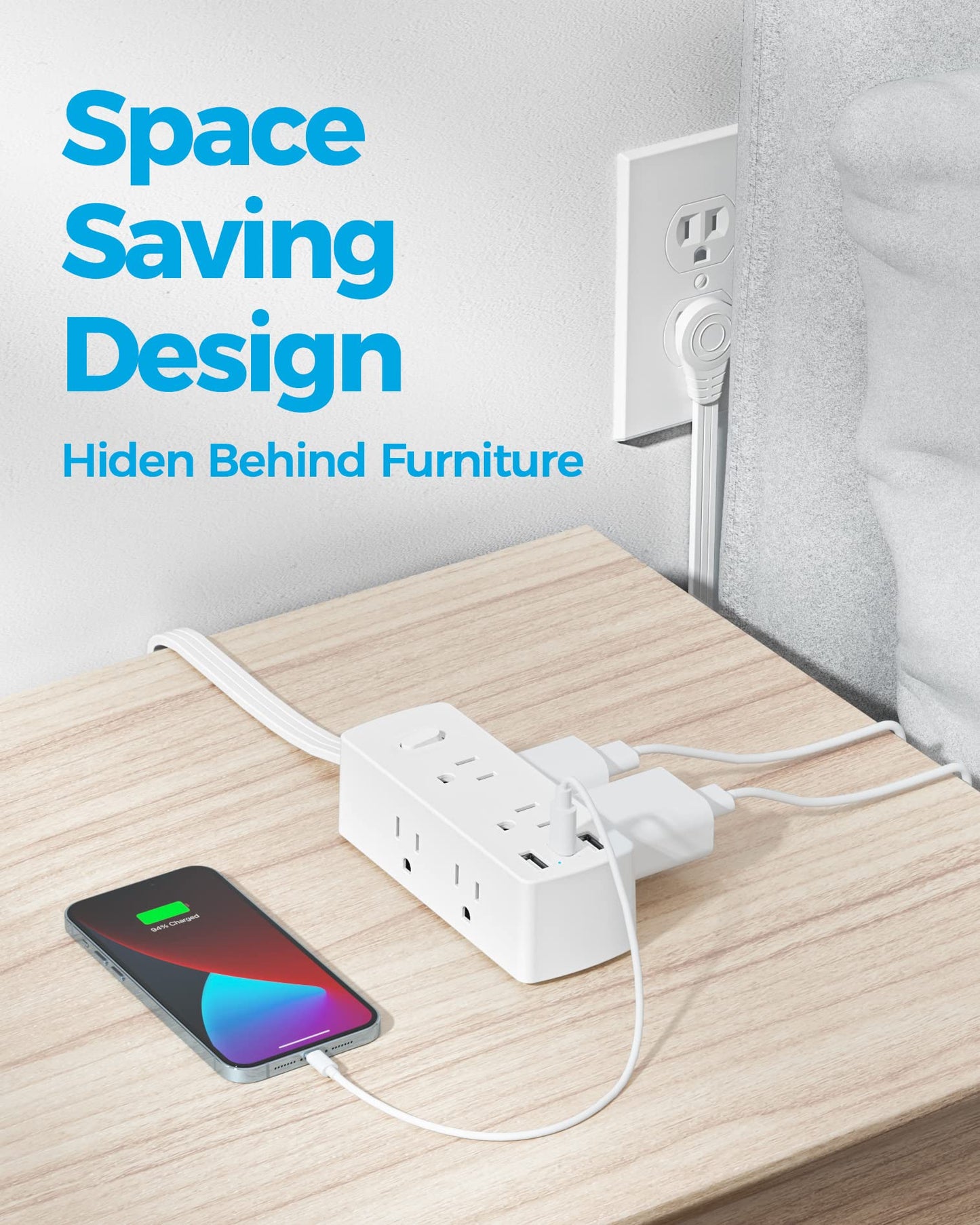 Olcorife Flat Plug Power Strip with 5 FT Extension Cord, 6 Outlets 3 USB Ports(1 USB C), 3 Sided Outlet Extender for Home Office Travel Dorm Room Essentials, White
