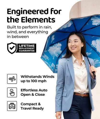 Windproof Travel Umbrella - Compact & Withstands Winds up to 100MPH, Strongest Premium Auto Folding Umbrella for Rain and Sun - Durable, Light & Portable for Women & Men, Fits Backpack & Cars