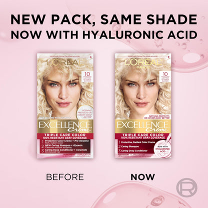 L'Oreal Paris Excellence Crème Permanent Hair Dye, Triple Care Hair Color with Hyaluronic Acid for 100% Gray Coverage, 4 Dark Brown, 1 Kit (Packaging May Vary)