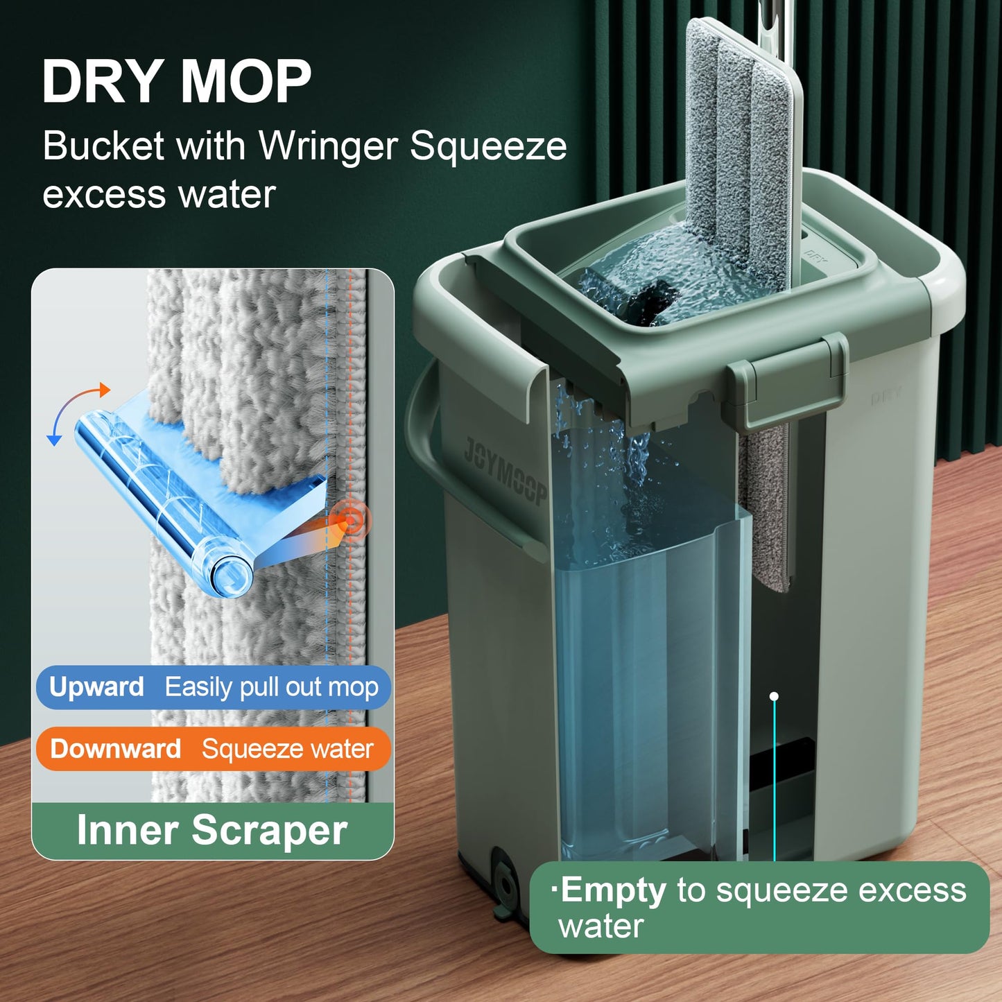 JOYMOOP Wall Mop and Bucket Set, Hands-Free Flat Floor Mop with 3 Washable Microfiber Pads, Wet and Dry Use, Ideal for Home and Commercial Floor Cleaning