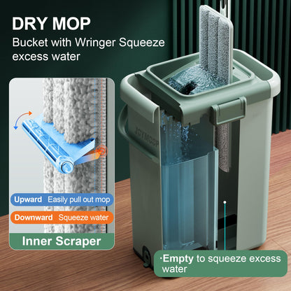JOYMOOP Wall Mop and Bucket Set, Hands-Free Flat Floor Mop with 3 Washable Microfiber Pads, Wet and Dry Use, Ideal for Home and Commercial Floor Cleaning