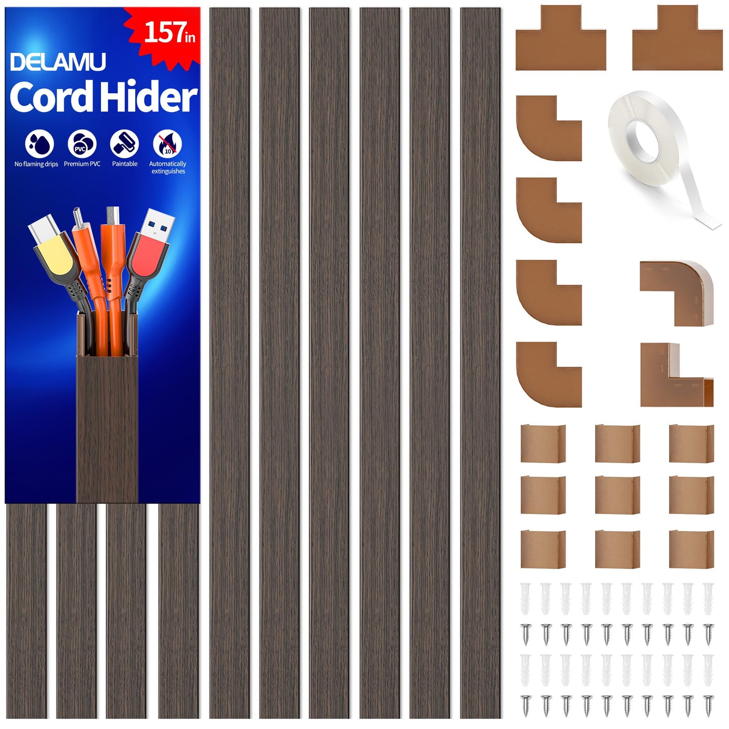 Wire Hider, 157in Delamu Cord Hider Wall, Paintable Wire Covers for Cords, TV Cable Hider Wall Kit, Cable Covers Raceway, Cable Management Hide TV Cords for Wall Mount TV, 10XL15.7 W0.95 H0.55in Brown