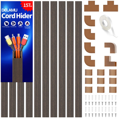 Wire Hider, 157in Delamu Cord Hider Wall, Paintable Wire Covers for Cords, TV Cable Hider Wall Kit, Cable Covers Raceway, Cable Management Hide TV Cords for Wall Mount TV, 10XL15.7 W0.95 H0.55in Brown