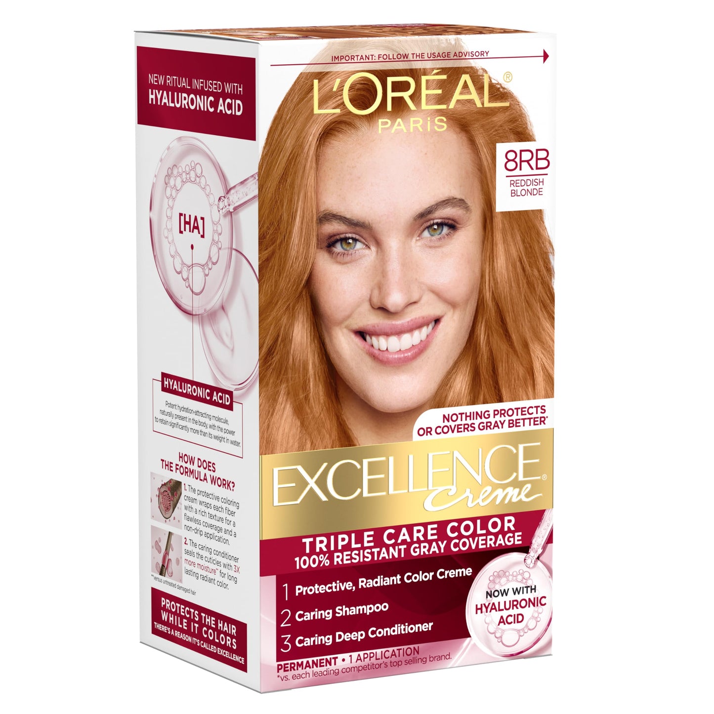 L'Oreal Paris Excellence Crème Permanent Hair Dye, Triple Care Hair Color with Hyaluronic Acid for 100% Gray Coverage, 4 Dark Brown, 1 Kit (Packaging May Vary)