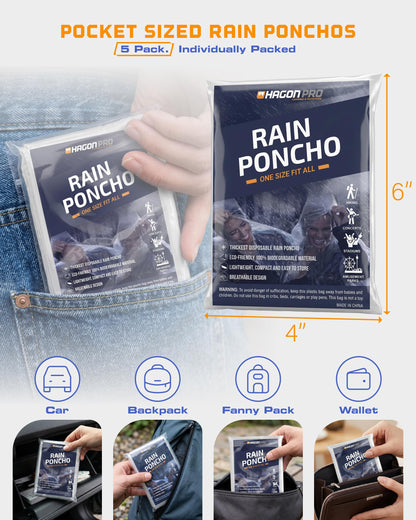 Hagon PRO Disposable Rain Ponchos for Adults (5 Pack)