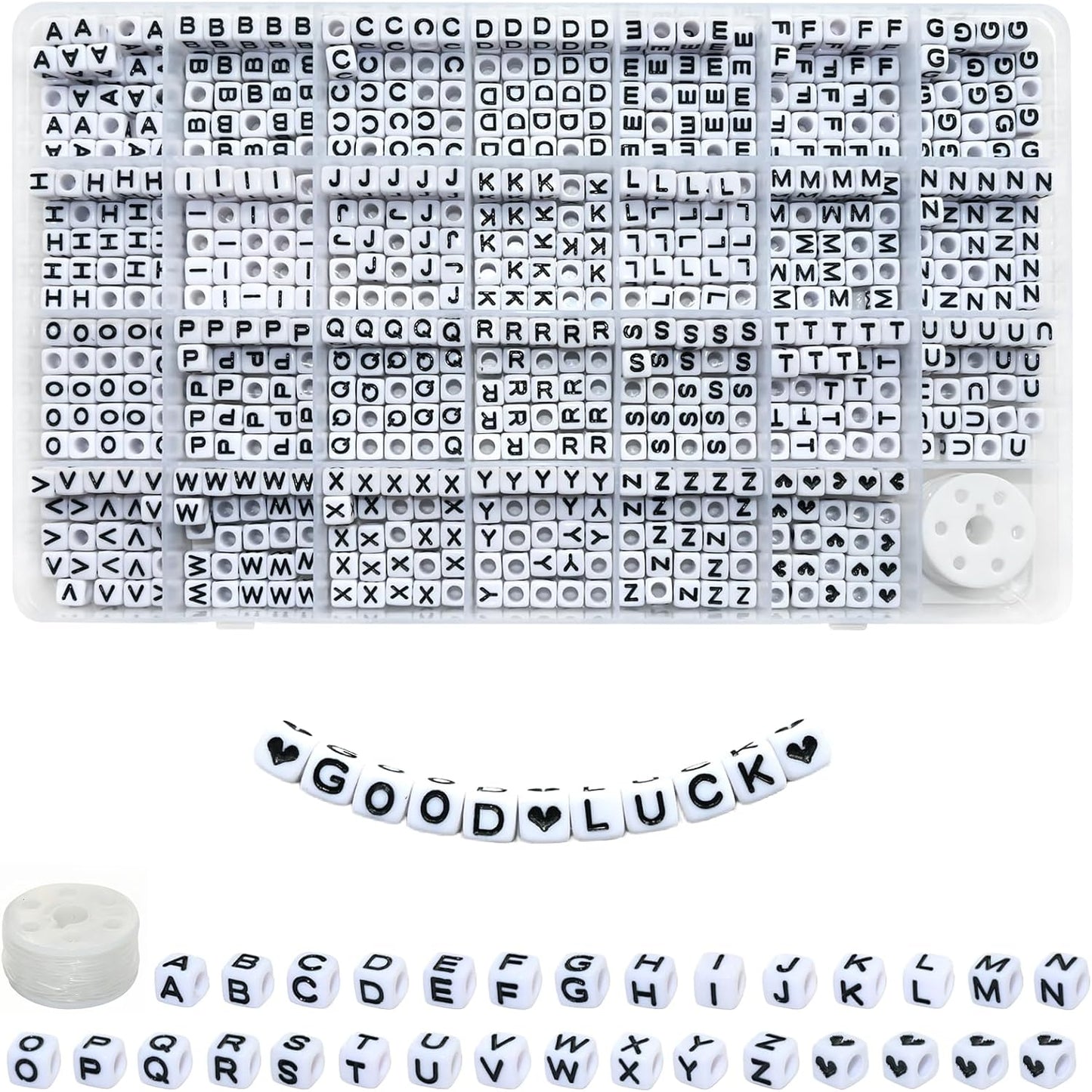 Looconi 810pcs Gold Letter Beads Square 6x6mm White Cube Acrylic Alphabet A-Z with Heart Pattern and Crystal Line for Jewelry Making