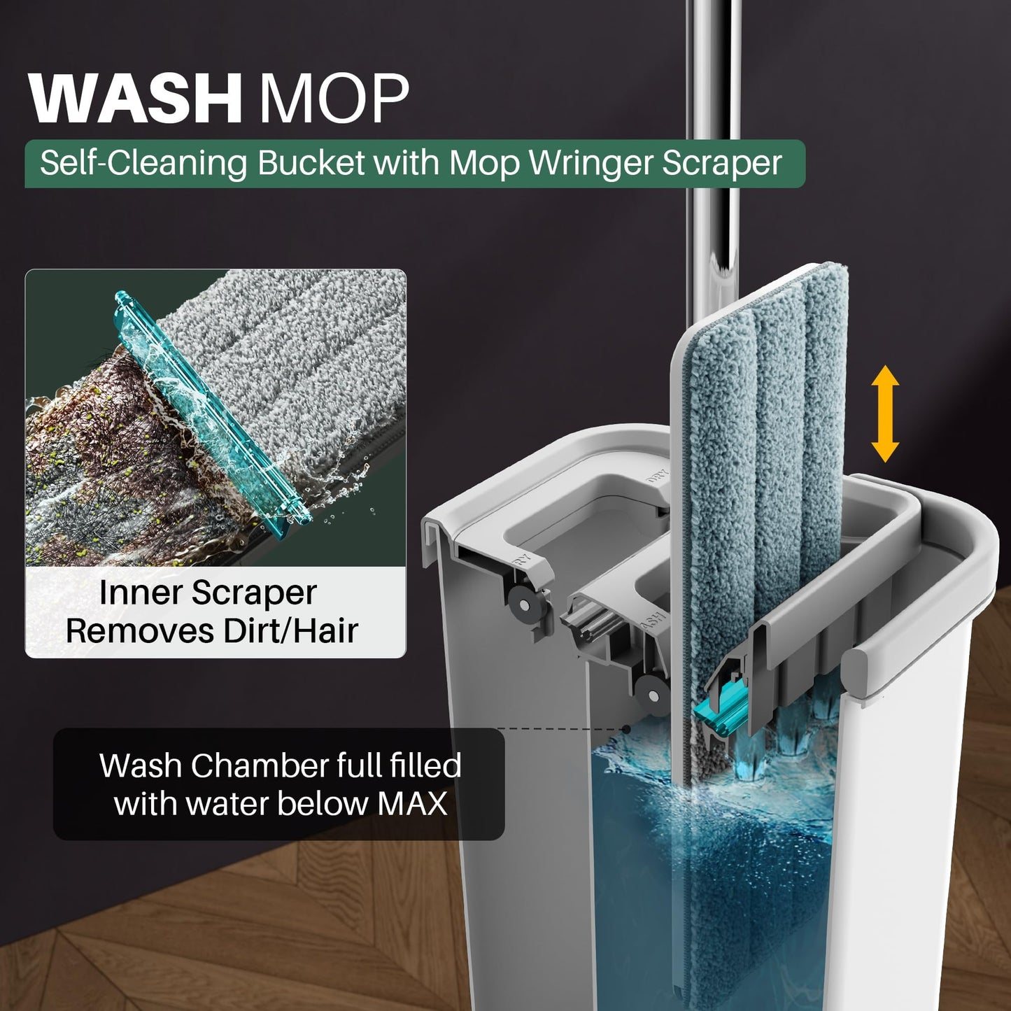 JOYMOOP Wall Mop and Bucket Set, Hands-Free Flat Floor Mop with 3 Washable Microfiber Pads, Wet and Dry Use, Ideal for Home and Commercial Floor Cleaning