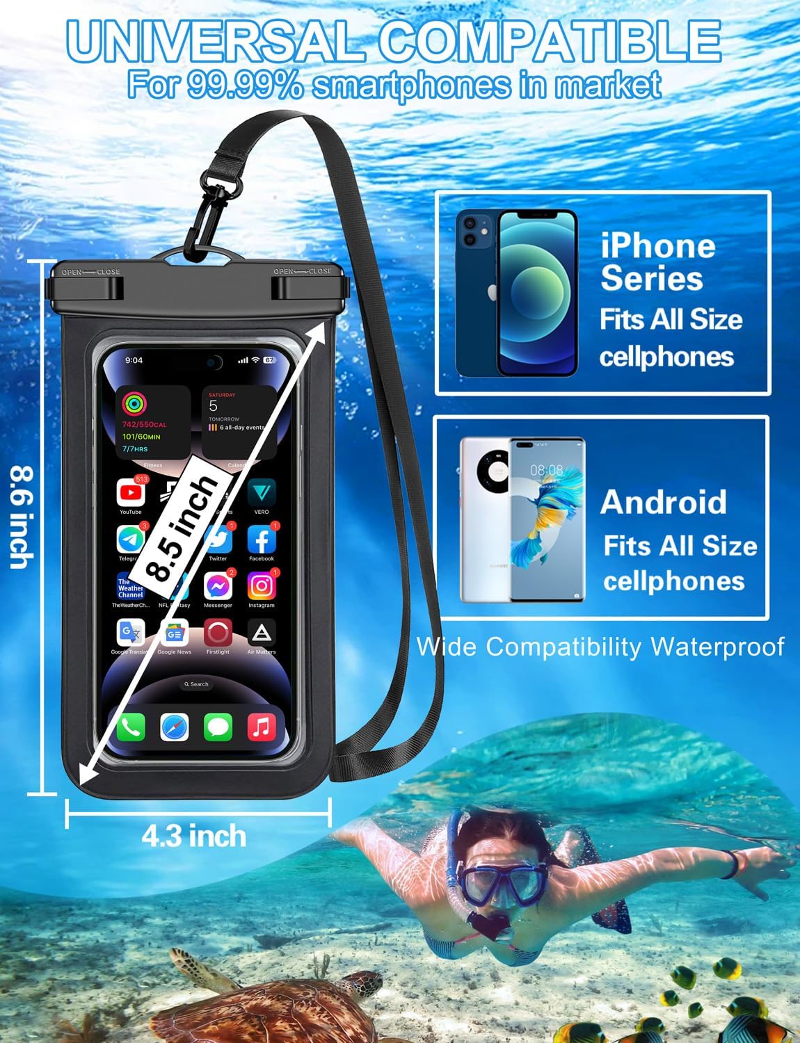 Waterproof Phone Pouch,2 Pack Black White Phone Waterproof Case,Cell Phone Dry Bag,Protection Level: IP68,Beach Cruise for Apple iPhone,Samsung,and More,Lanyard Included,(Fits Up to 8.3”),Black,White