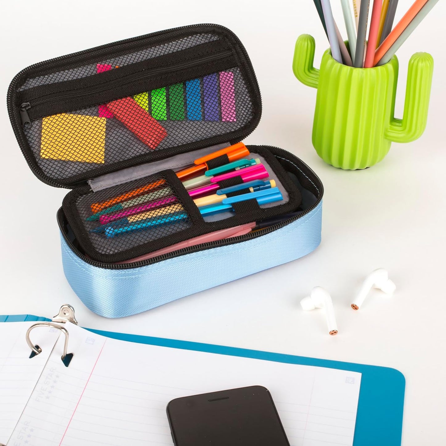 Five Star Pencil Pouch, Pen Case, High-Capacity Zipper Pouch, Storage Organizer for School Supplies Earbuds Chargers Cables Makeup, Blue/Denim (500212F-ECM)