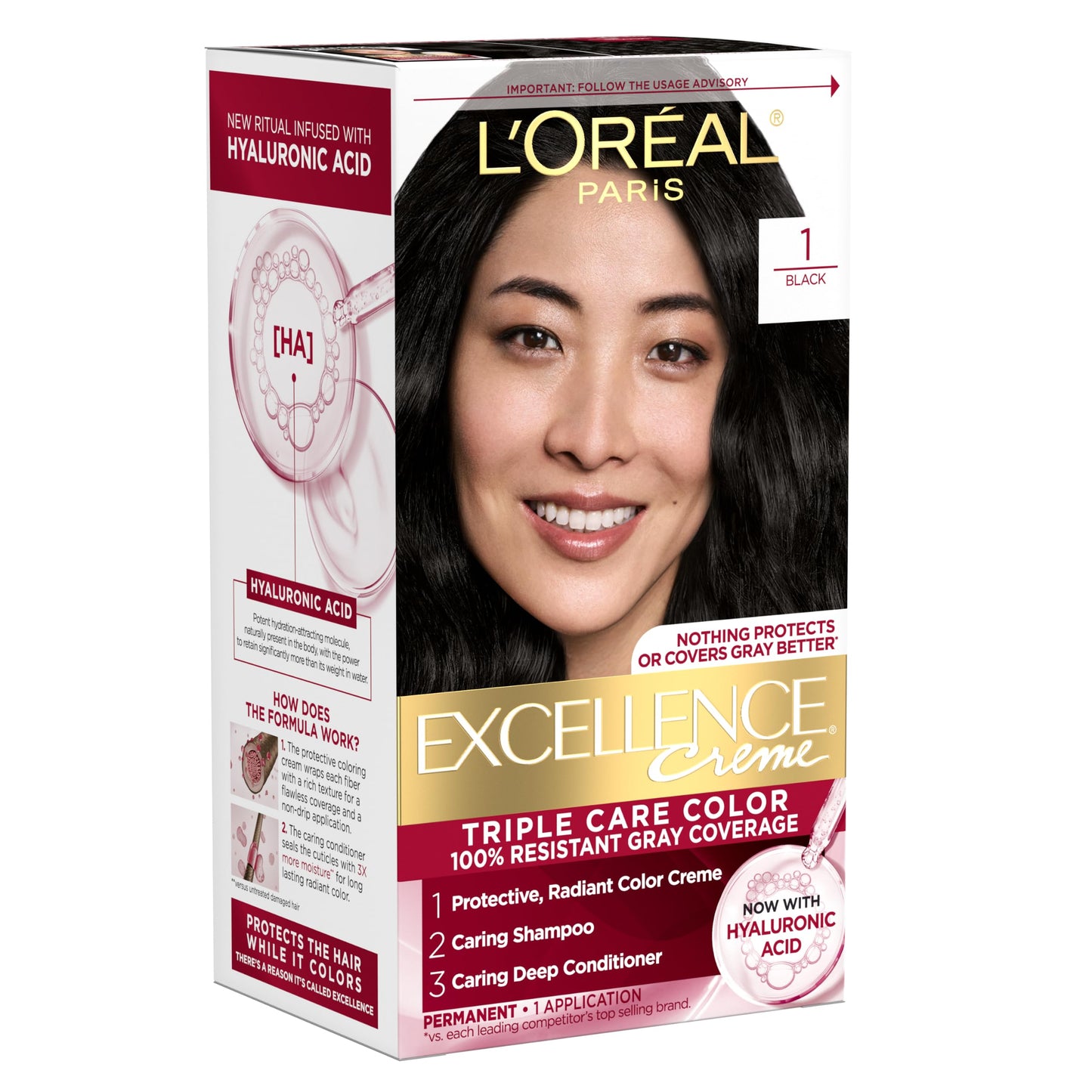 L'Oreal Paris Excellence Crème Permanent Hair Dye, Triple Care Hair Color with Hyaluronic Acid for 100% Gray Coverage, 4 Dark Brown, 1 Kit (Packaging May Vary)