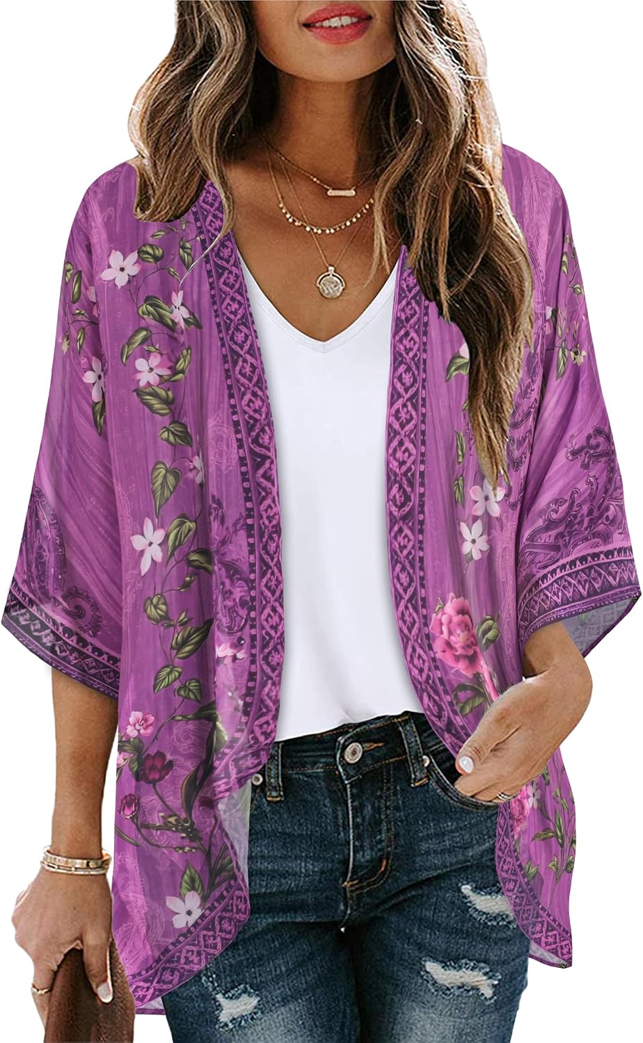 CHICGAL Womens Floral Kimono Cardigan Beach Cover Up Casual Summer Tops