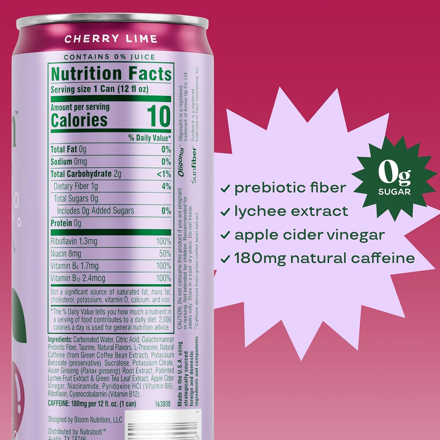 Bloom Nutrition Zero Sugar Energy Drink, Apple Crisp, 12oz 12pk