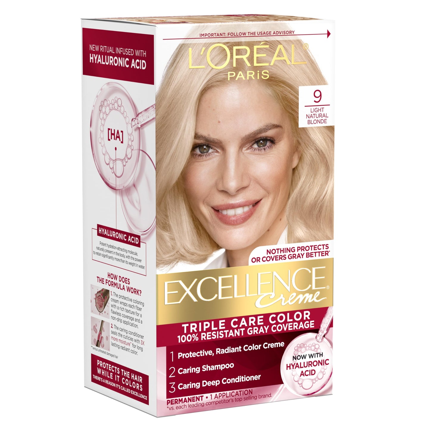 L'Oreal Paris Excellence Crème Permanent Hair Dye, Triple Care Hair Color with Hyaluronic Acid for 100% Gray Coverage, 4 Dark Brown, 1 Kit (Packaging May Vary)