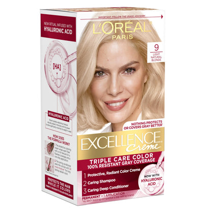 L'Oreal Paris Excellence Crème Permanent Hair Dye, Triple Care Hair Color with Hyaluronic Acid for 100% Gray Coverage, 4 Dark Brown, 1 Kit (Packaging May Vary)