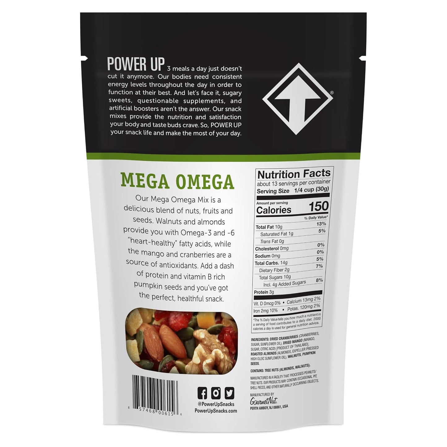 Power Up Trail Mix, Mega Omega Trail Mix, Non-GMO, Vegan, Gluten Free, No Artificial Ingredients, Gourmet Nut, 14 Ounce Bag
