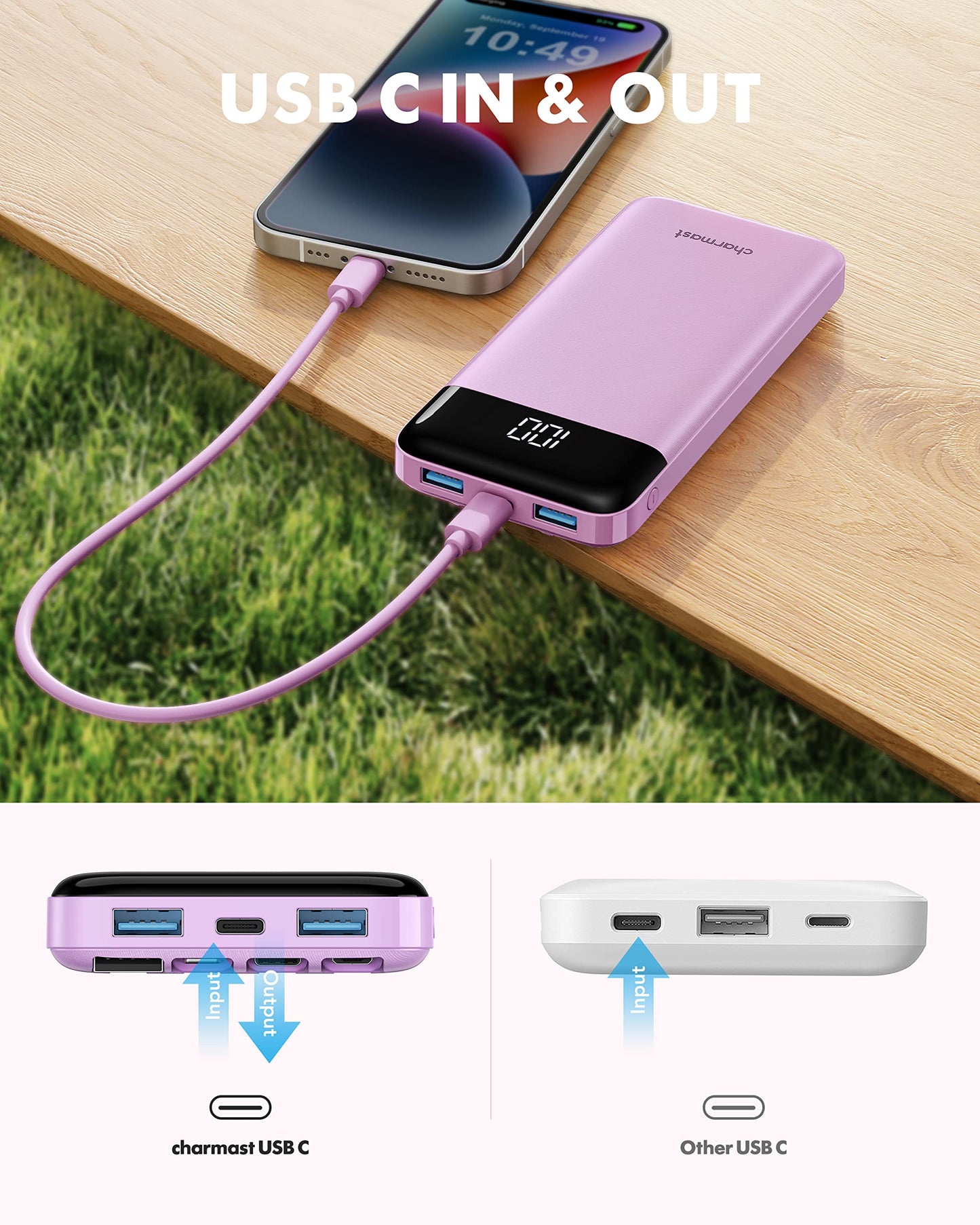 charmast Power Bank Portable Charger with Reinforced Built-in 4 Cables