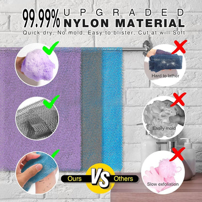 UJFQBH African Net Sponge Authenti, Exfoliating Body Scrubber for Back and Hard to Reach Areas, Gentle Daily Exfoliation for Deep Cleansing, Quick Drying Shower Essential, Aqua Grey 3 Pack